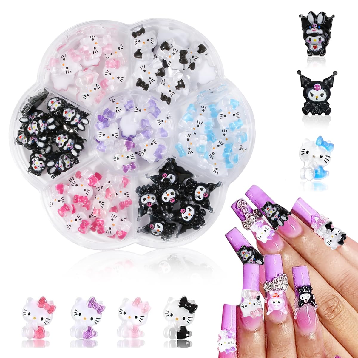 MAYCREATE 70Pcs 3D Nail Decals Flatback Nail Decal Charms Sanrio Nail Decal Charms 7 Designs Kuromi and Kitty Themed Resin Cartoon Nail Decals Charms for DIY Nail Art, DIY Handcrafts, Decorations MAYCREATE 70Pcs 3D Nail Decals Flatback Nail Decal Charms Sanrio Nail Decal Charms 7 Designs Kuromi and Kitty Themed Resin Cartoon Nail Decals Charms for DIY Nail Art, DIY Handcrafts, Decorations
